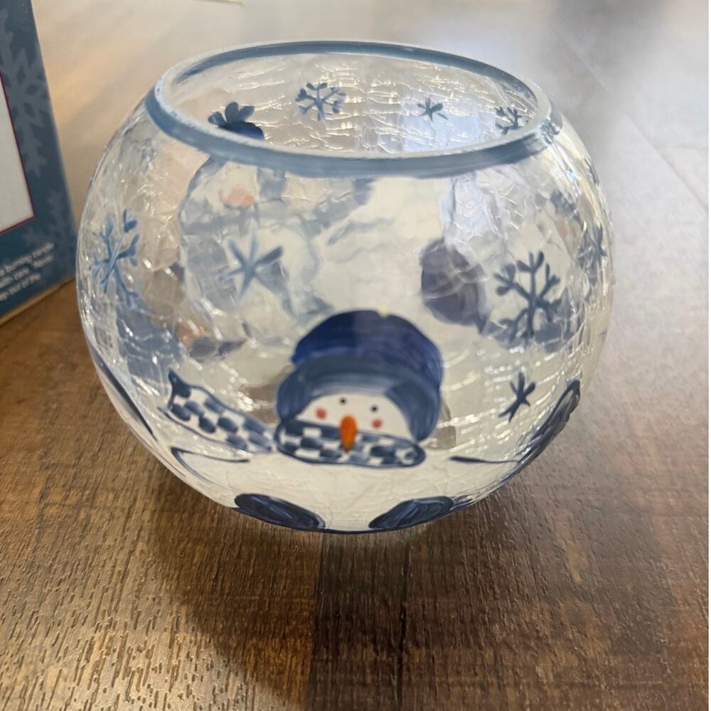 Hidden Valley Crackle Glass Ball Votive Snowman Candle Holder Winter Decor